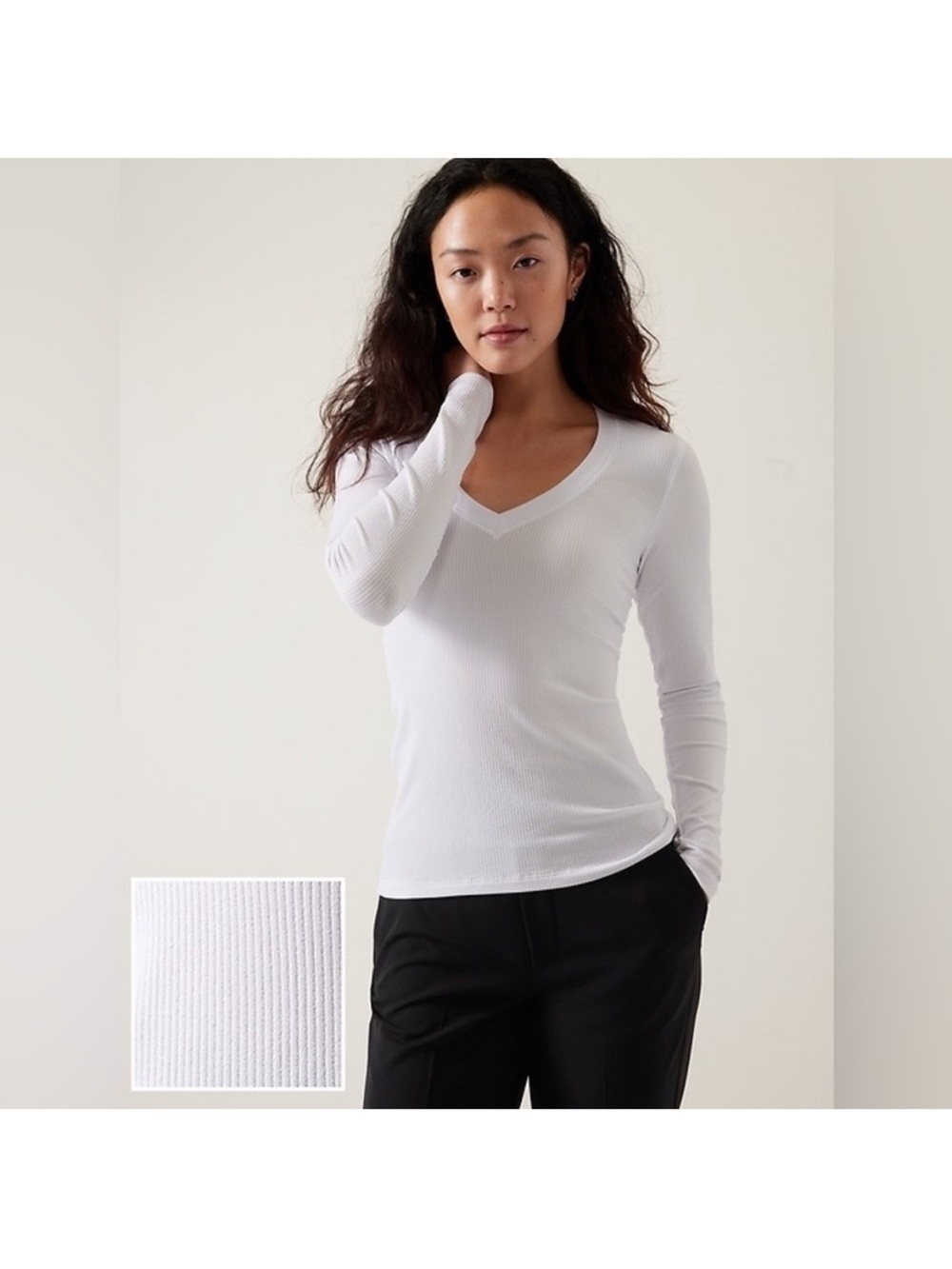 Athleta Renew Women's White V-Neck Long Sleeve Ribbed Top Small